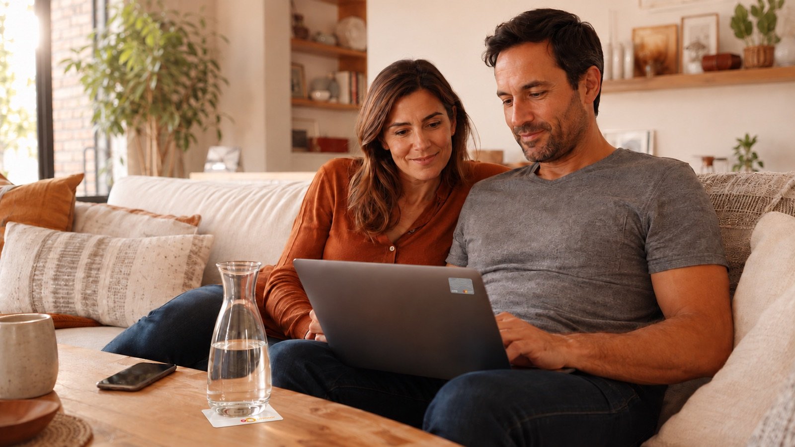 Paar sitzt gemeinsam mit einem Laptop auf dem Sofa im Wohnzimmer